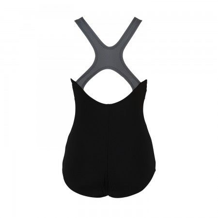 Black one-piece swimsuit with gray racerback