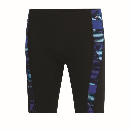 Black swim jammers with blue geometric side panels
