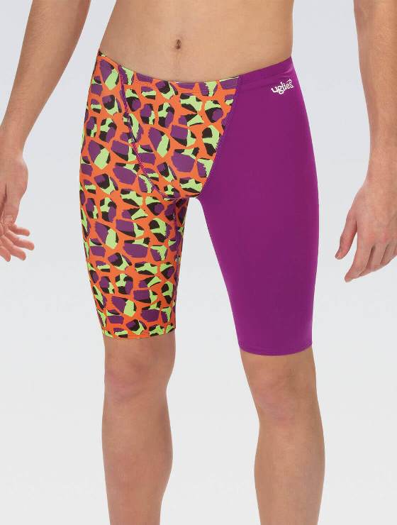 Two-tone patterned and purple swim jammers
