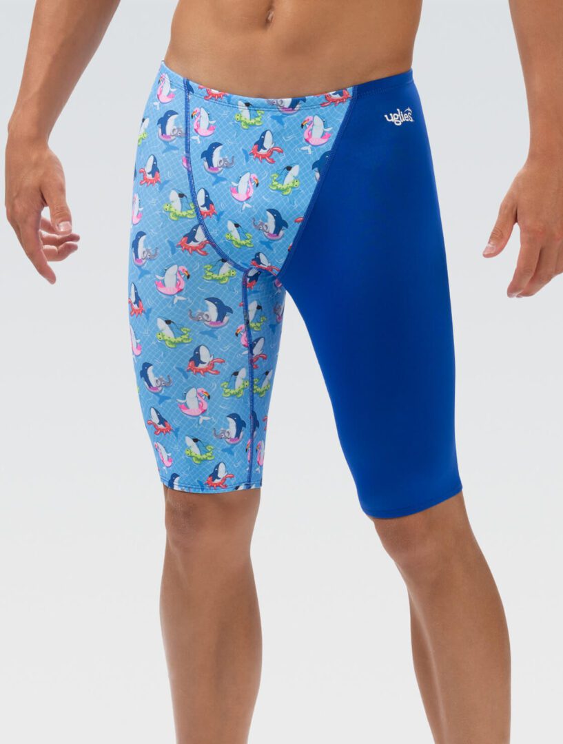 Men's blue swim jammers with colorful fish
