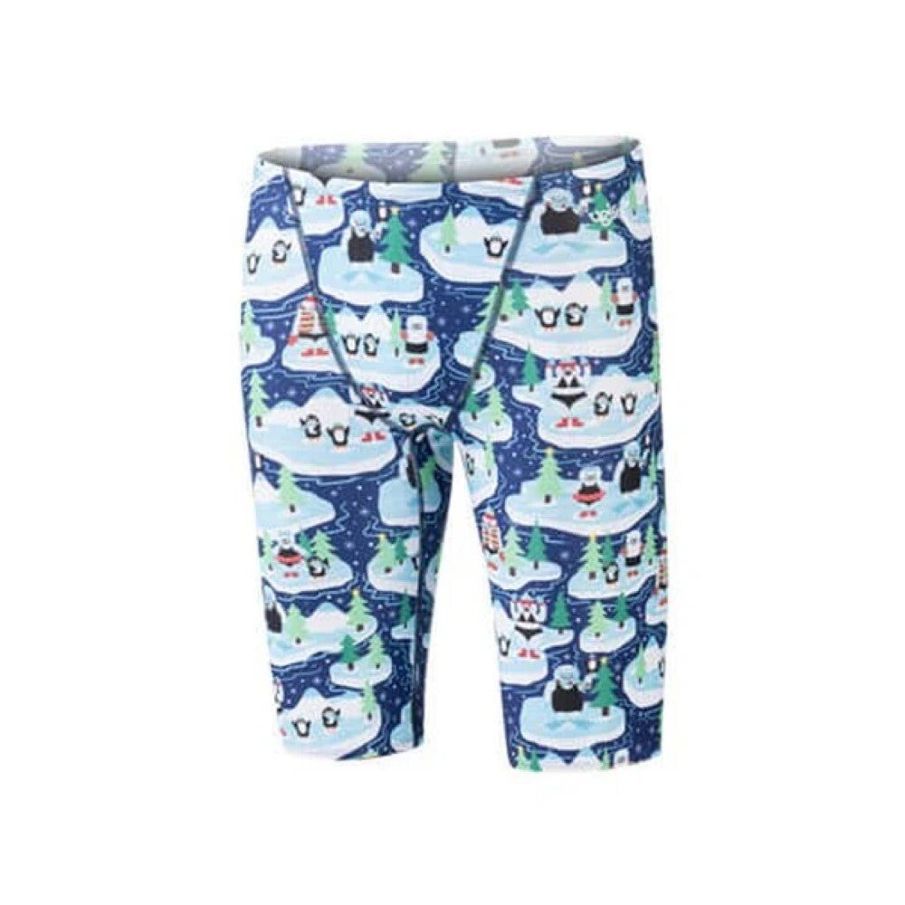 Blue swim shorts with penguin pattern