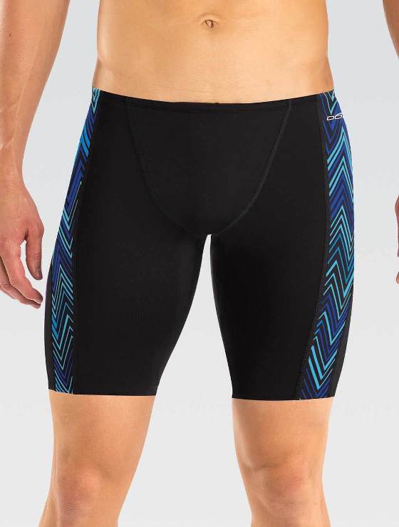Male wearing black swim jammers with chevron panels