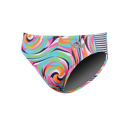 Multicolored swirl bikini bottoms with striped waistband