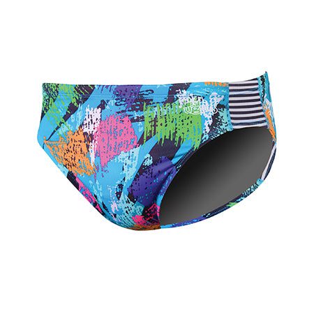 Colorful abstract swim briefs with stripe detail