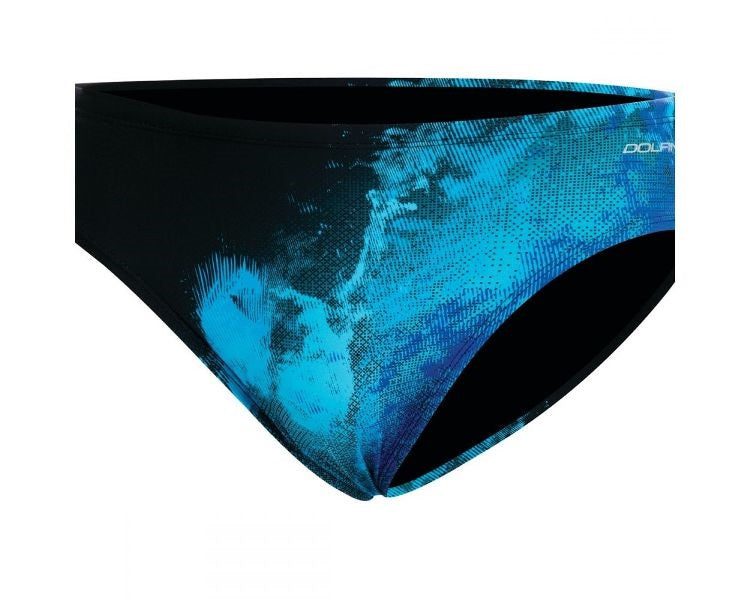 Men's swim briefs with blue splash pattern