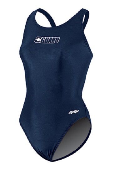 Navy lifeguard one-piece swimsuit with logo