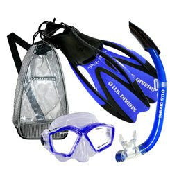 Blue snorkeling set with fins, mask, snorkel