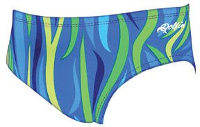 Blue swim briefs with green wavy pattern