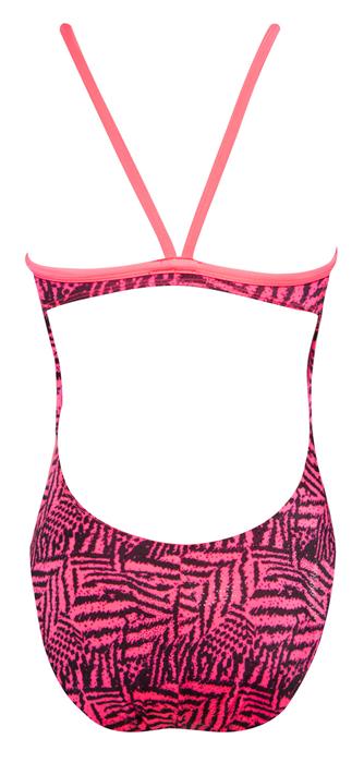 Pink patterned one-piece swimsuit back view