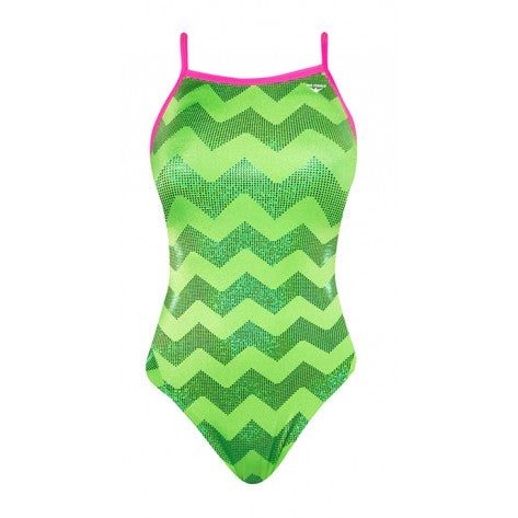 Green zigzag one-piece swimsuit with pink trim