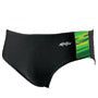 Black men's swim briefs with green tag