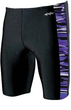Black swim jammers with purple camo side stripe