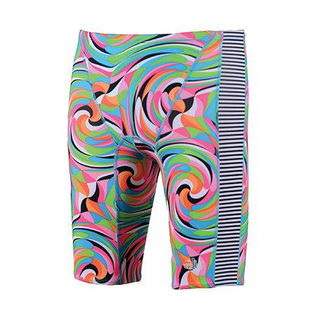 Colorful swirl swim jammers with striped panel