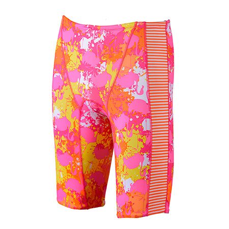 Colorful splatter-print swim jammers with striped panel