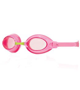 Pink swim goggles with green nose bridge