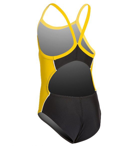 Yellow and black open-back one-piece swimsuit