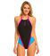 Woman wearing color-block one-piece swimsuit