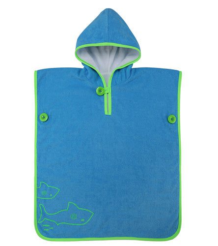 Blue hooded kids towel poncho with fish