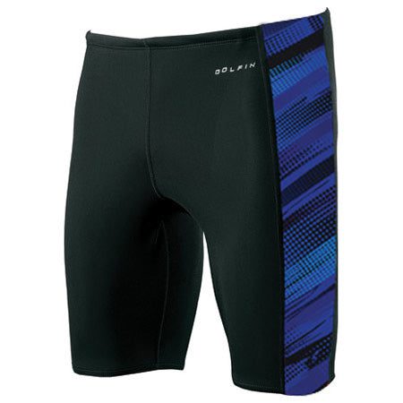 Black swim jammers with blue patterned side panel