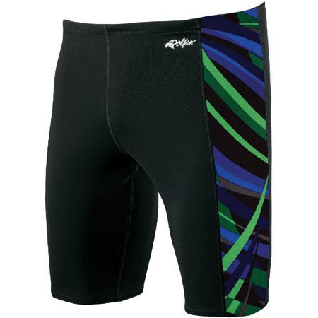 Black swim jammers with blue-green side panel