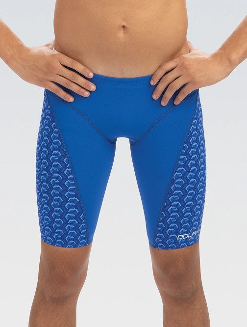 Person wearing blue patterned swim jammers