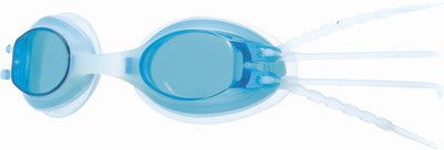 Transparent blue swimming goggles with split straps