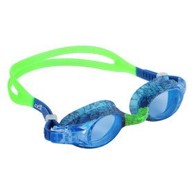 Blue swim goggles with green strap