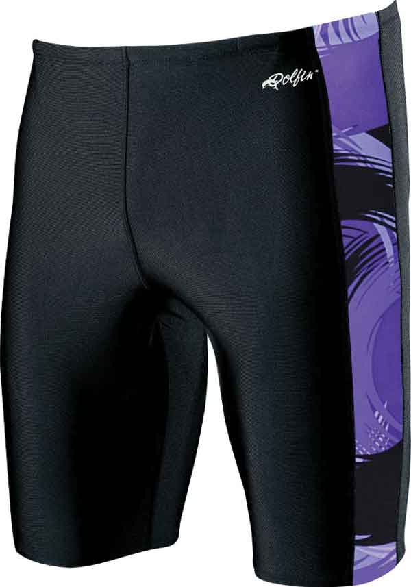 Black swim jammers with purple side panel