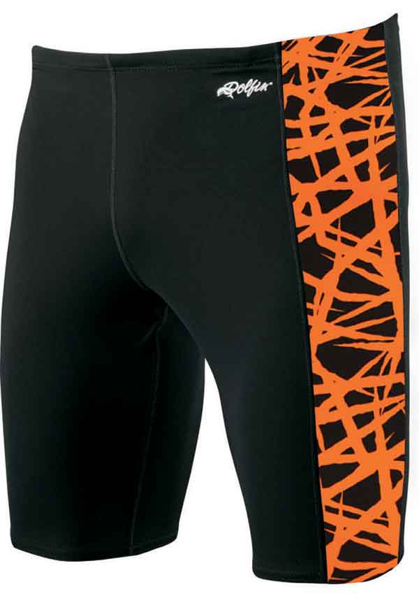 Black swim jammers with orange abstract side panel
