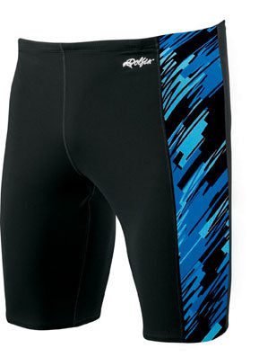 Black swim jammers with blue patterned side panel