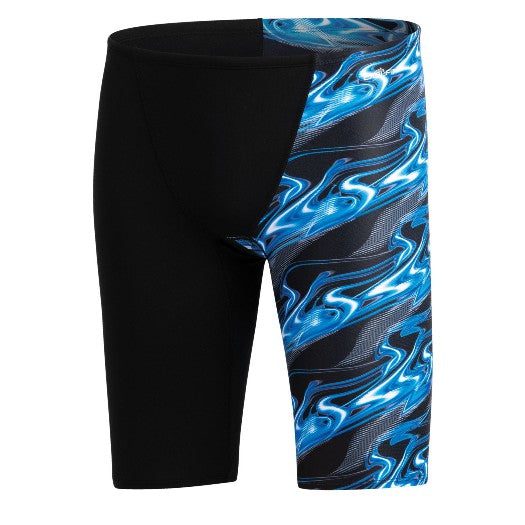 Black swim jammers with blue wave pattern