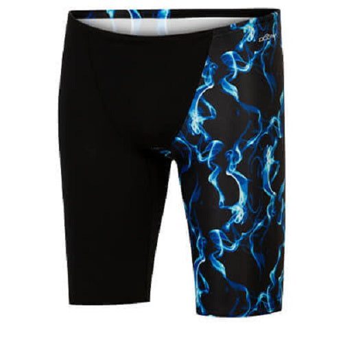 Men's black swim jammers with blue flame pattern