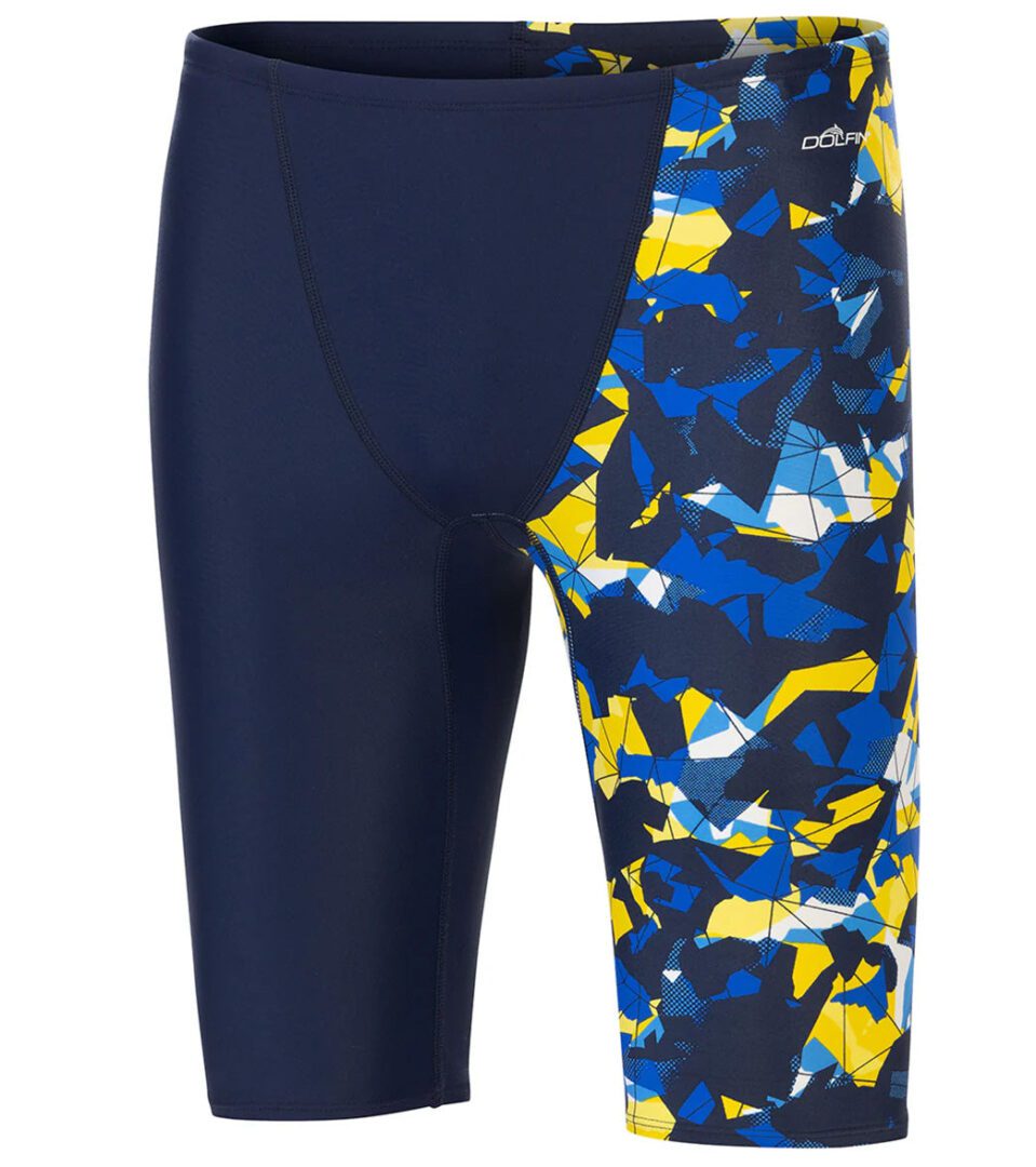Navy men's swim jammers with geometric print