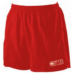 Red lifeguard swim shorts with logo