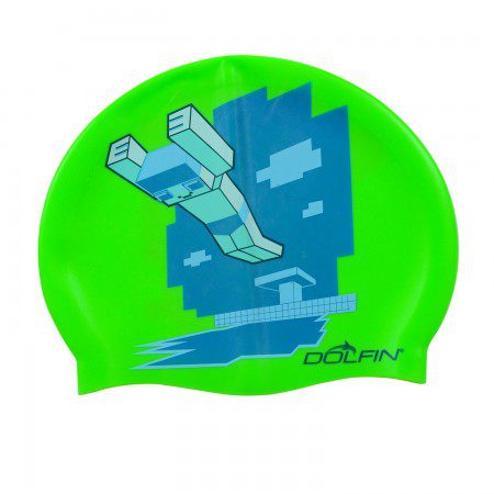 Green swim cap with pixelated diving character