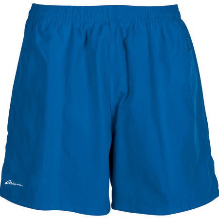 Blue swim shorts with elastic waistband