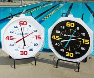 Two large pool pace clocks on deck