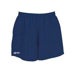 Navy blue athletic shorts with small logo
