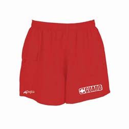 Red lifeguard shorts with GUARD logo
