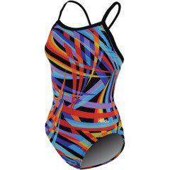 Colorful striped one-piece swimsuit with thin straps