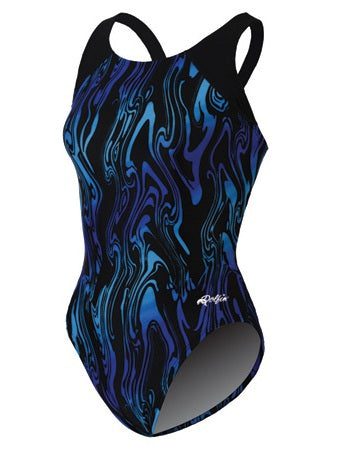 Blue and black swirl one-piece swimsuit