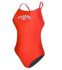 Red lifeguard one-piece swimsuit with logo