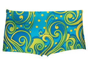 Blue-green swirl patterned swim trunks