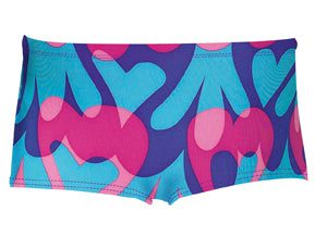Blue and pink heart-patterned swim shorts