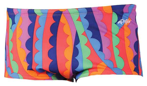 Bright multicolor wavy striped square-cut swim trunks