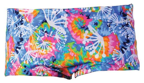 Bright multicolored tropical print swim shorts