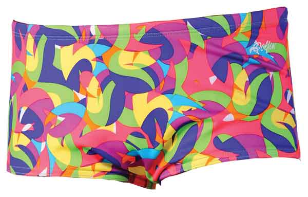 Bright multicolored abstract men's swim trunks