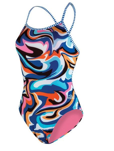 Colorful abstract-print one-piece swimsuit with straps