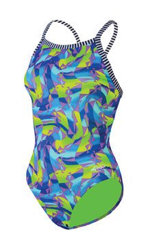 Colorful abstract one-piece swimsuit with striped straps