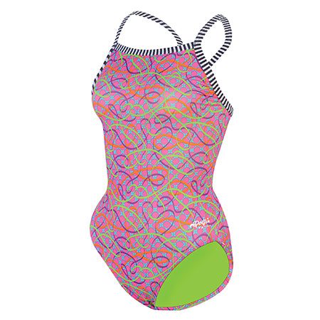 Pink patterned one-piece swimsuit with green panel